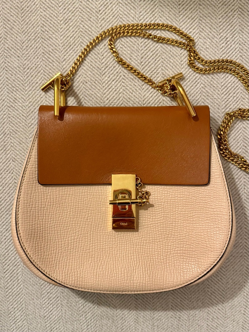 Chloe Drew Two-Tone Blush Pink and Cognac Brown Shoulder Bag with Gold Hardware